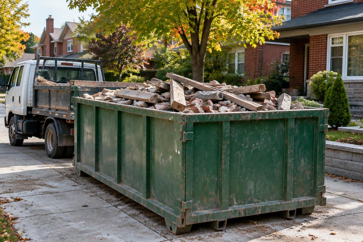 Illustrative scene of demolition debris in an unbranded bin on a residential driveway