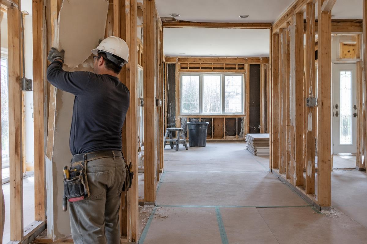 Illustrative interior strip-out with a worker removing drywall from exposed timber framing